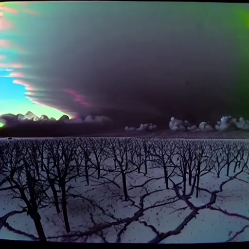 Image similar to combat drone strike war footage, ir, chromatic aberration!!!!!!!!!!!, broken camera colors, iridescent!!!!!!!!! saturated infrared camera, very high contrast, nuclear cloud, high angle vertical, inversed color, clouds, jpeg compression