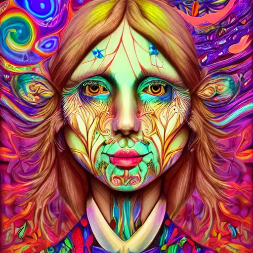 Prompt: an extremely psychedelic portrait of alice in wonderland, surreal, lsd, face, detailed, intricate, elegant, lithe, highly detailed, digital painting, artstation, concept art, smooth, sharp focus, illustration