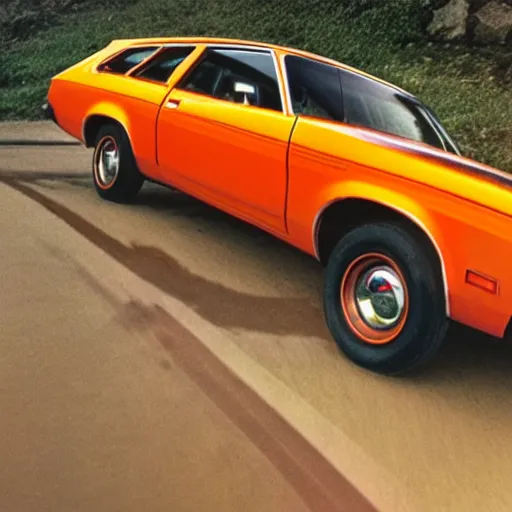 Prompt: 1 9 7 3 ford pinto stationwagon, orange - yellow color, wide - angle lens, dramatic lighting, cool marketing photo