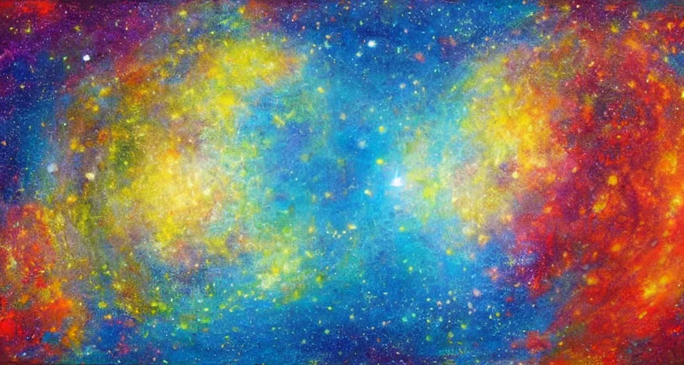 Image similar to award - winning realistic painting of a large planet made of colourful gas, colourful bright stars