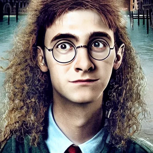 Image similar to Harry Potter Ron and Hermione in Venice, hyper realistic face, symmetrical face, beautiful eyes,