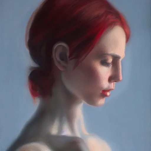 Image similar to a portrait of an intensely lit female, red, oil painting, pale colors, high detail, 8 k, wide angle, trending on artstation,