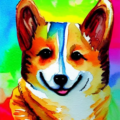 Prompt: watercolor painting of a corgi puppy, colorful, abstract, evocative, serene