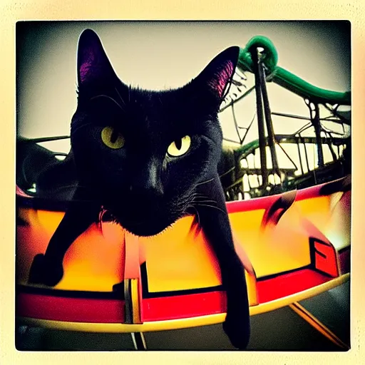 Image similar to black cat chilling on a rollercoaster. focus on cats face. sunlight. polaroid photo. bright colors.