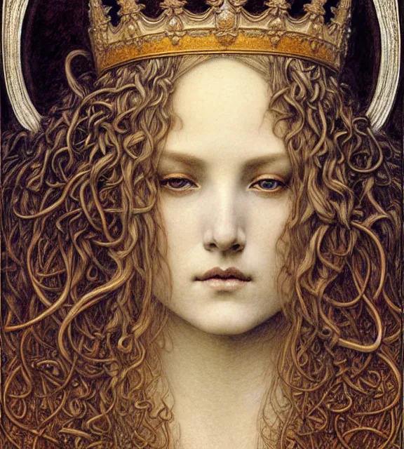 Image similar to detailed realistic beautiful young medieval queen face portrait by jean delville, gustave dore and marco mazzoni, art nouveau, symbolist, visionary, gothic, pre - raphaelite. horizontal symmetry