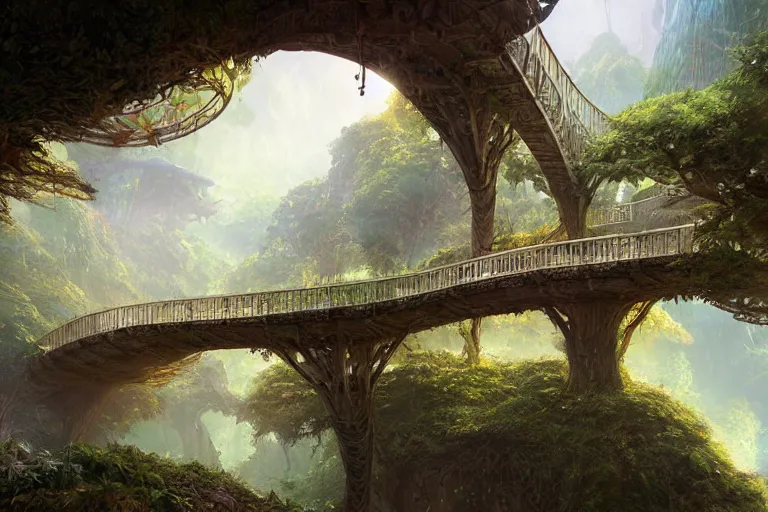 Image similar to one point perspective fantasy treetop village bridge view by artgerm and Craig Mullins, James Jean, Andrey Ryabovichev, Mark Simonetti and Peter Morbacher 16k