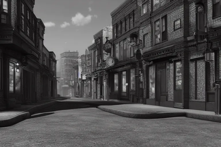 Prompt: still photo of a 1 9 0 0 s street, film noir, black and white color aesthetic, highly detailed, photorealistic portrait, bright studio setting, studio lighting, crisp quality and light reflections, unreal engine 5 quality render