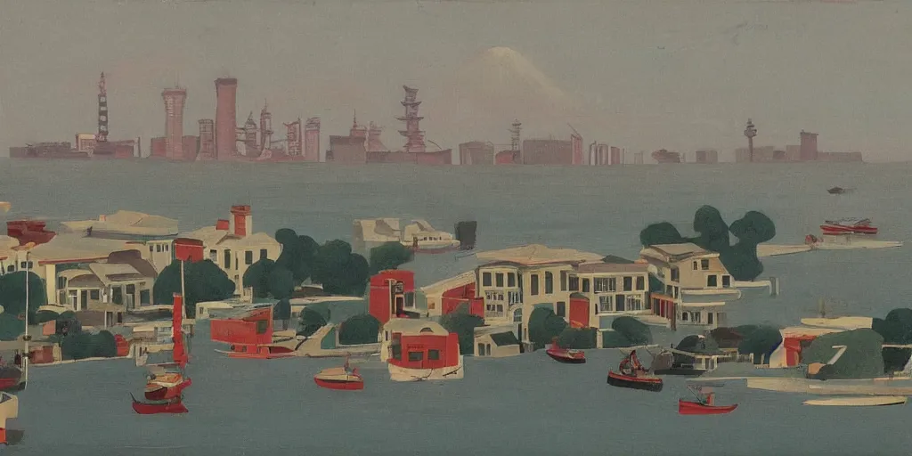 Image similar to In the foreground is a small red house, and in the background is the smoky Oriental Pearl City of Shanghai, George Ault painting style.