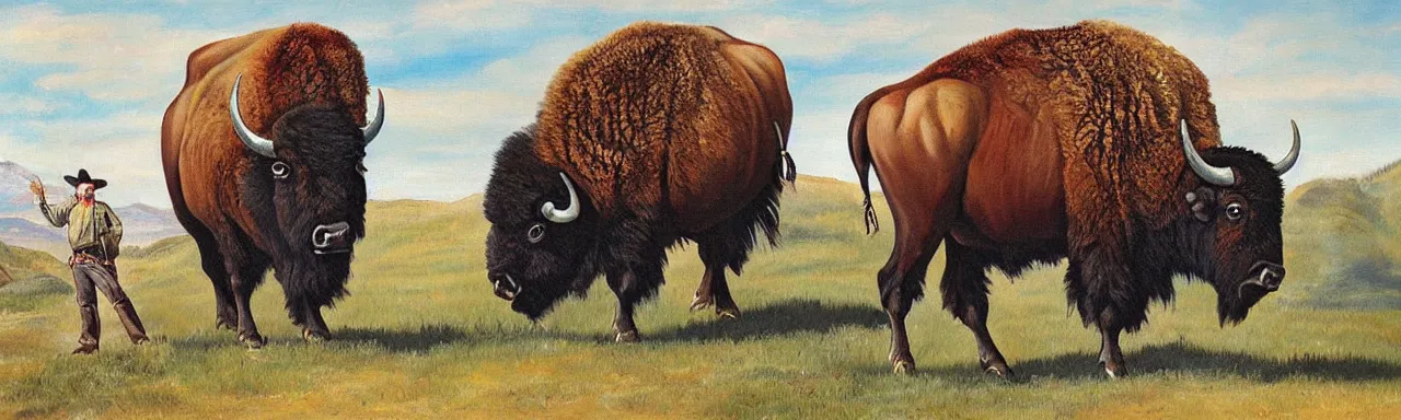 Prompt: western themed painting of fear of bison with snakes for legs