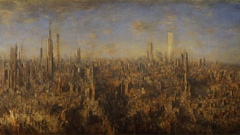 Prompt: a dream city in the style of gustave moreau, fernand keller, oil on canvas, musee d'orsay, 4 k resolution, detailed, enigmatic