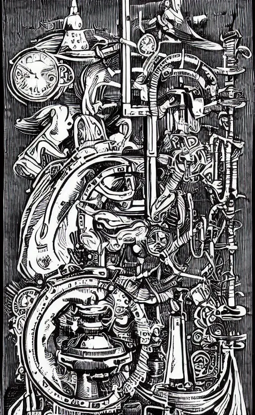 Prompt: black and white linocut of some mysterious and arcane, magical, steampunk objects. editorial composition, fine lines, very high details, tales from the loop