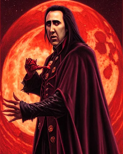 Image similar to nicolas cage as dracula, blood moon, highly detailed, centered, artstation, concept art, smooth, sharp focus, illustration, bokeh art by artgerm and donato giancola and joseph christian leyendecker