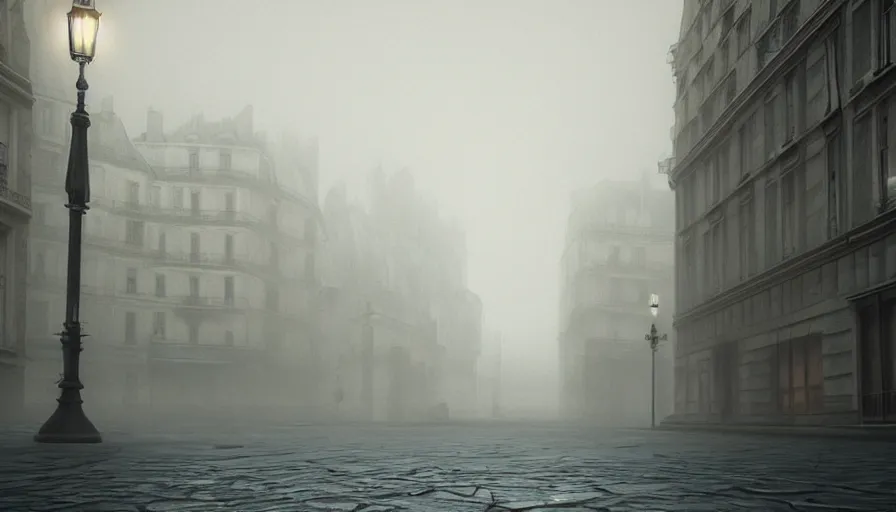 Prompt: empty neo - gothic paris streets in the fog, wet ground, hyperdetailed, artstation, cgsociety, 8 k