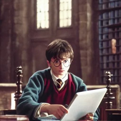 Prompt: Photo of Harry Potter using a computer in Hogwarts