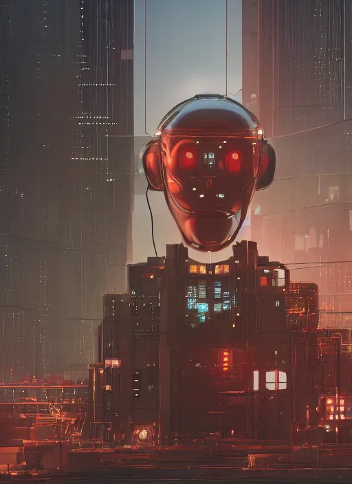 Image similar to people building giant head of a robot mickey mouse inside of abandoned netflix office, cyberpunk, by beeple, dystopia, golden ratio, octane render, redshift, trending on artstation, 8 k