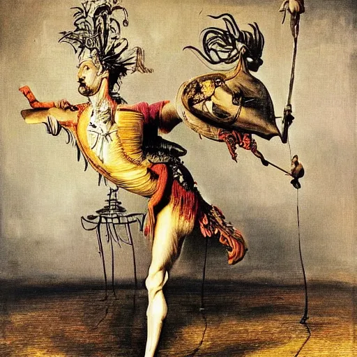 Image similar to a highly detailed painting of an elegant male dancer on flamingo legs by salvador dali and vadim stein, in a domed destroyed ballroom splattered with rot and decay by albrecht durer, dramatic lighting