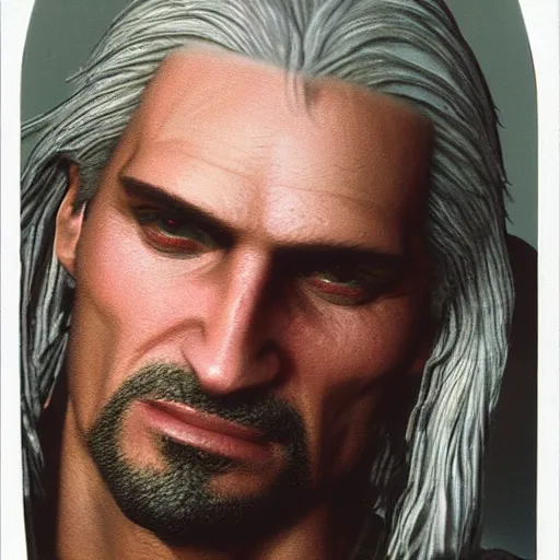 Prompt: polaroid of Hyper-real Geralt of rivia face shot by Tarkovsky