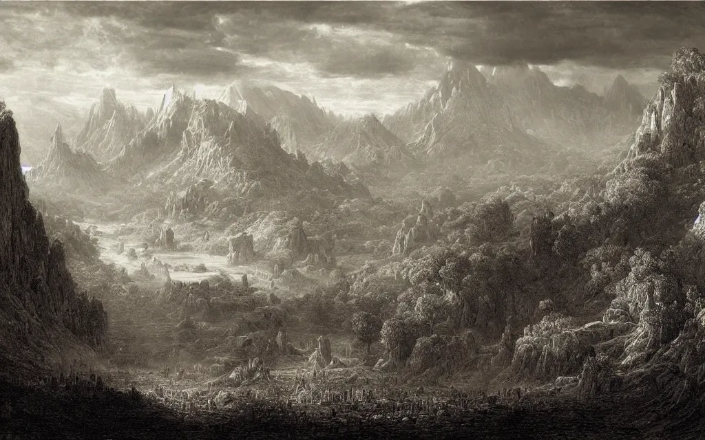 Image similar to a meticulously composed render of a middle earth landscape by francis danby, john martin, and gustave dore,