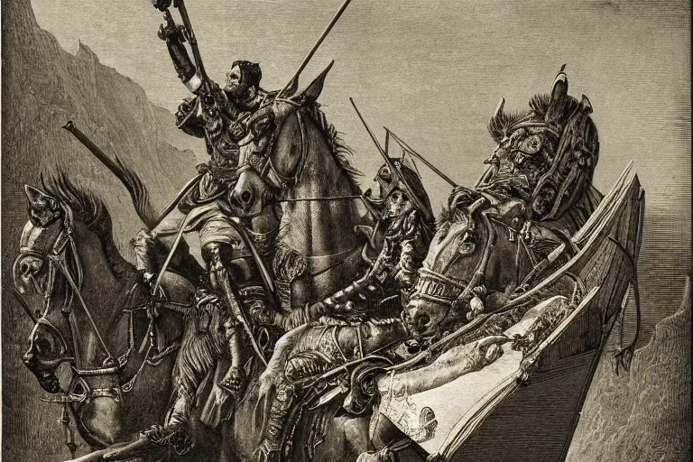 Image similar to highly detailed portrait of big open book, big open book, big open book, big open book, open book page, don quixote goes away, don quixote goes away, don quixote goes away, symmetrical, masterpiece, highly detailed painting by gustave dore