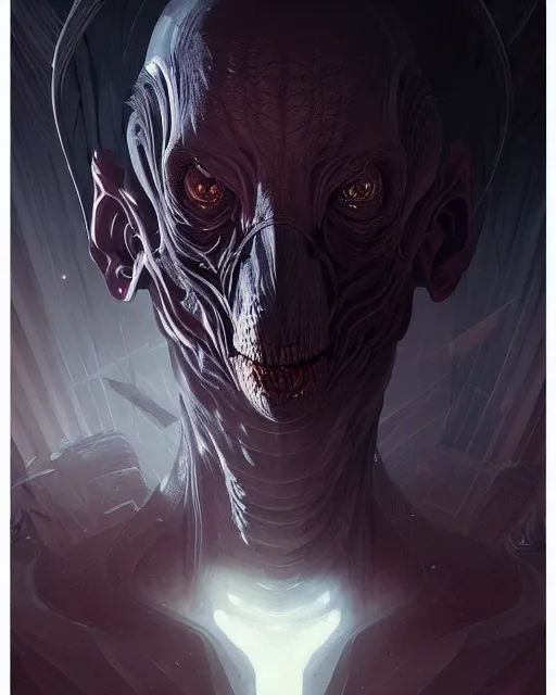 Image similar to professional concept art portrait of a predatory alien species in a dark room by artgerm and greg rutkowski. an intricate, elegant, highly detailed digital painting, concept art, smooth, sharp focus, illustration, in the style of cam sykes, wayne barlowe, igor kieryluk.