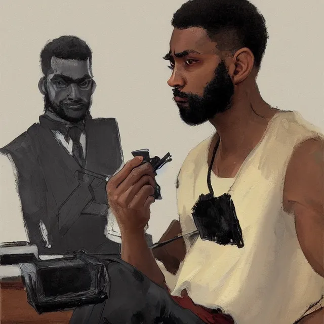 Image similar to a lightskinned black man with short hair, shaved beard, using a macbook, portrait, elegant, intricate, digital painting, artstation, concept art, smooth, sharp focus, illustration, art by konstantin korovin and daniel f. gerhartz and john howe