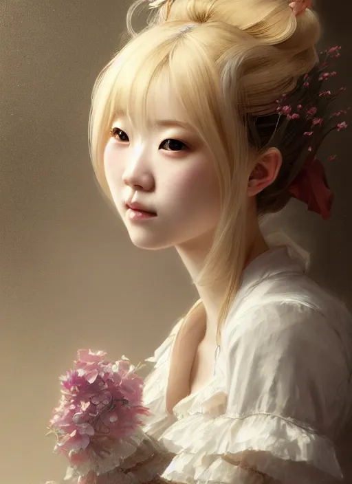 Prompt: portrait of a beautiful japanese girl with blonde hair dressed as a french maid, elegant, highly detailed, digital painting, 8 k, concept art, smooth, sharp focus, illustration, ethereal, misty, octane render, by ruan jia and zeen chin and greg rutkowski and alphonse mucha