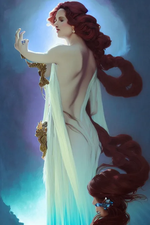 Prompt: ombre velvet gown, beautiful elegant dryad, feathers, beautiful face by leyendecker, long hair, cyan, dozens of jeweled necklaces, by greg rutkowski, brom, anato finnstark, alphonse mucha, oil painting, highly detailed, cinematic lighting, unreal,