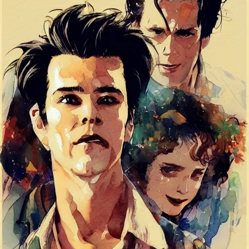 Image similar to vintage movie poster art for ace ventura by trending pixiv fanbox, watercolor, style of makoto akihiko yoshida takashi stephen bliss yoshiyuki and agnes cecile 4 k concept art