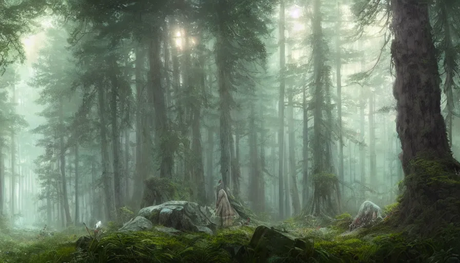 Image similar to beautiful ancient forest, matte painting, beautifully painted, beautiful lighting, enchanted forest, jeremy lipking, studio ghibli, princess mononoke, 8 k, rays of light, amazing detail, princess mononoke background paintings