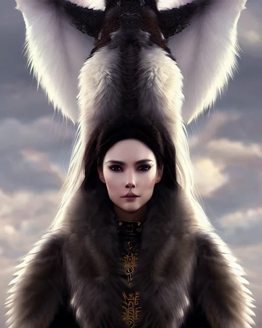 Image similar to dragon hunter wearing a fur - lined dragonhide jacket!!! beautiful and gorgeous wild white long haired female!! symmetry, character concept art, sharp focus, illustration, art by artgerm! greg rutkowski magali villeneuve wlop! ilya kuvshinov!! charlie bowater! octane render, unreal engine 5, highly rendered!