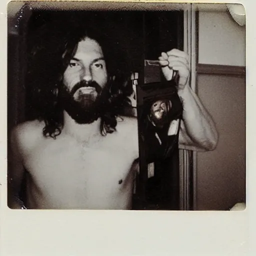 Prompt: a found polaroid of Jesus caught shoplifting, circa 1990