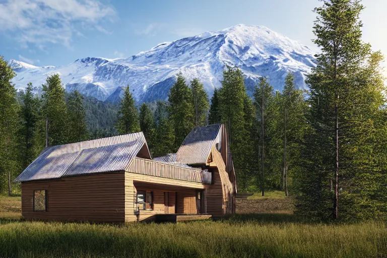 Image similar to modern fachwerk house settlement with in the forest with Elbrus mountain on the background, architecture, 3d render 8k , high details