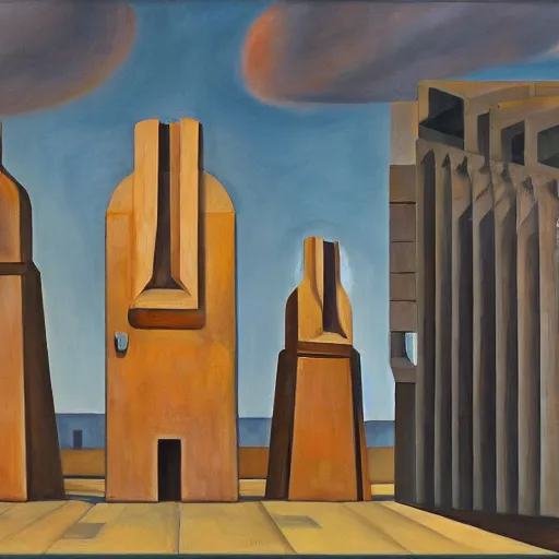 Image similar to three brutalist giant sacred robots visage, portrait, dictator, cathedral, dystopian, pj crook, edward hopper, oil on canvas