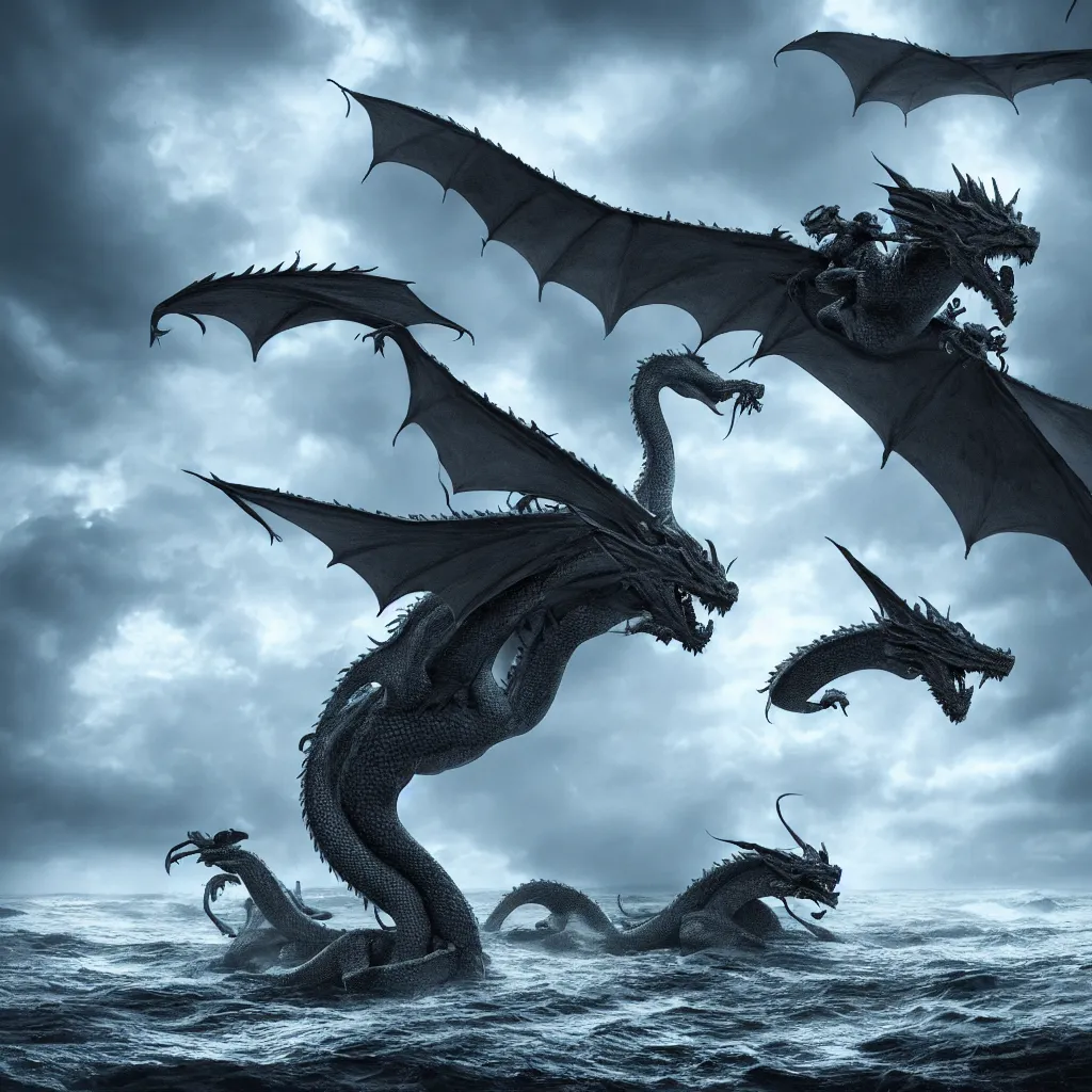 Image similar to a dragon with three heads emerging from the ocean during a storm, dramatic lighting, cinematic, high coherence, hyperrealistic, anatomically correct, path traced, highly detailed, high quality, 8 k hdr, octane render, unreal engine 5, trending on artstation, epic image, turbulent sea, concept art, digital art