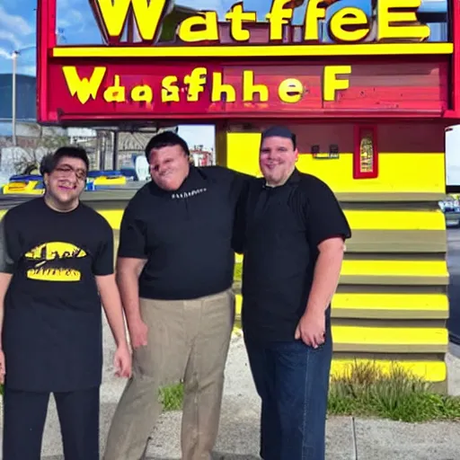 Image similar to wafflehouse employee's standing below wafflehouse sign