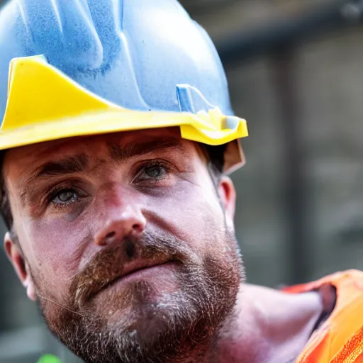 Image similar to A feral construction worker not wearing a helmet in his natural habitat, sweaty, tired, in his 30s