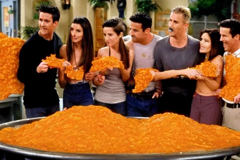 Image similar to the episode of Friends where everyone gets covered in nacho cheese