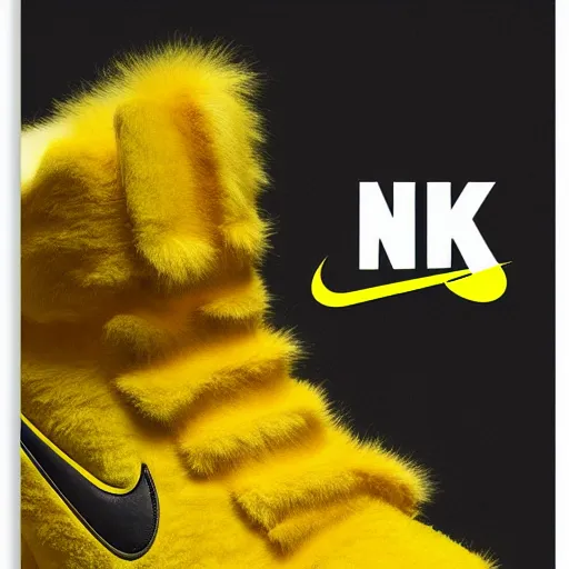 Image similar to poster nike shoe made of very fluffy yellow faux fur placed on reflective surface, professional advertising, overhead lighting, heavy detail, realistic by nate vanhook, mark miner