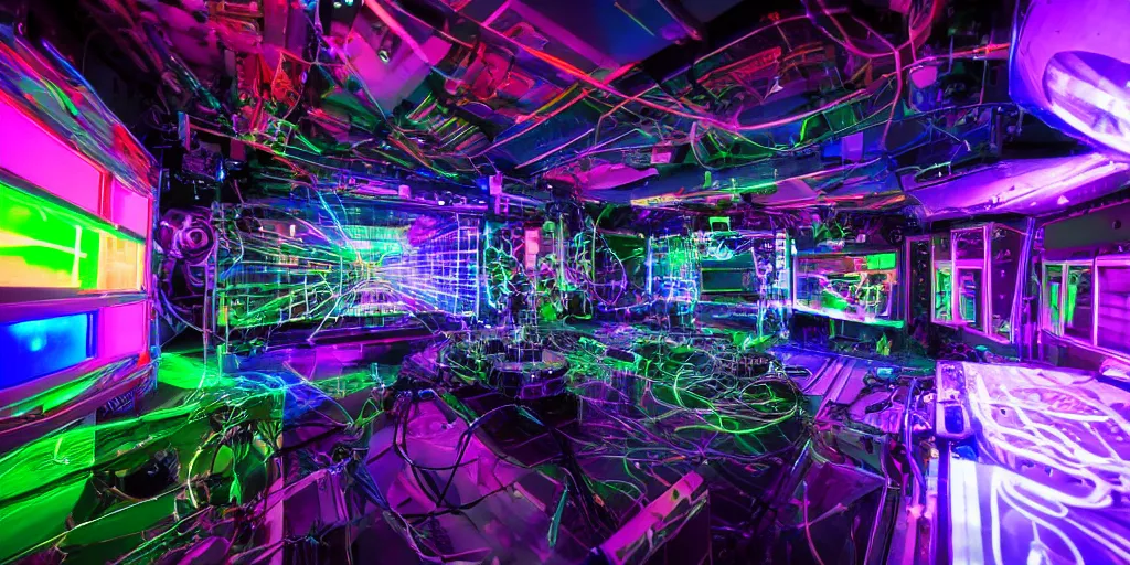 Prompt: giant speaker system audio visual holographic projection music recording studio in the interior of an international space station. filled with neon lights electronic dj equipment, modular synthesizer with cables everywhere. photorealistic 35mm 4k cgsociety