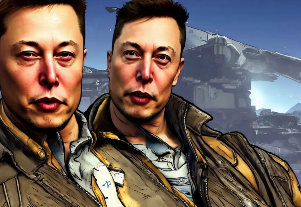 Image similar to elon musk in borderlands elon musk in the video game borderlands, gameplay screenshot, close up, 3 d rendering. unreal engine. amazing likeness. very detailed.