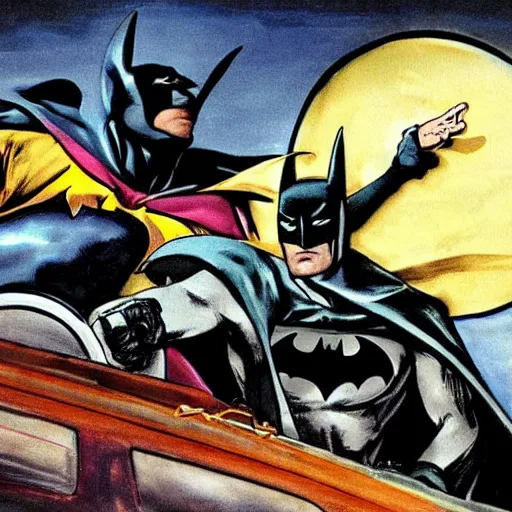 Prompt: batman and robin driving the batmobile, painted by el greco