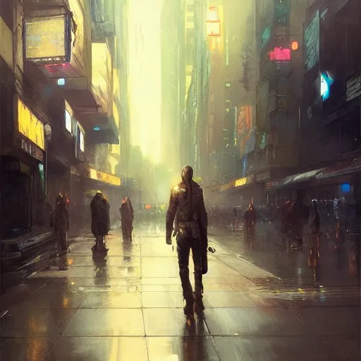 Image similar to wanderer, sidewalk of a cyberpunk megacity, dramatic lighting, detailed background, gorgeous view, realistic, high detail, depth of field, lightrays, atmospheric, digital art, painted by greg rutkowski, painted by jeremy mann, painted by alphonse mucha, trending on artstation