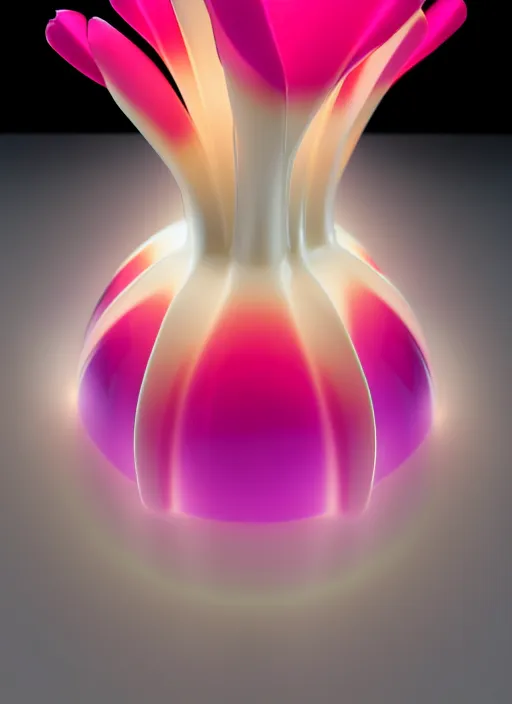 Image similar to perfume bottle standing in the center of a biomechanical light - pink enchanted coral reef made of tulips in an ivory room well contoured smooth fair walls, up close shot, sharp focus, global illumination, radiant light, alexandre ferra white mecha, irakli nadar, octane highly render, 4 k, ultra hd,