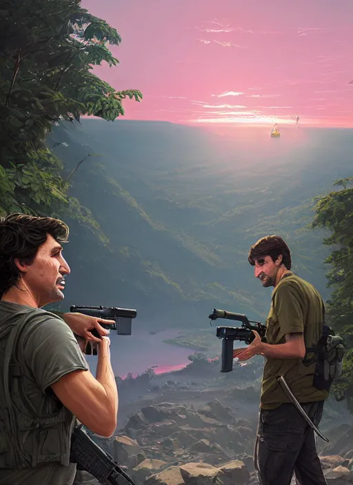 Image similar to highly detailed portrait justin trudeau in ( ( pink hoody ) ) holding ar - 1 5! ( setting costa rica ) in gta v stephen bliss unreal engine fantasy art by greg rutkowski loish rhads ferdinand knab makoto shinkai lois van baarle ilya kuvshinov rossdraws tom bagshaw global illumination radiant light detailed intricate environment