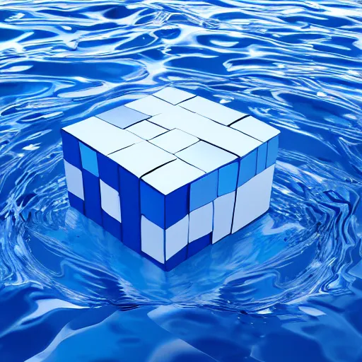 Prompt: a blue cube floating in turbulent waters