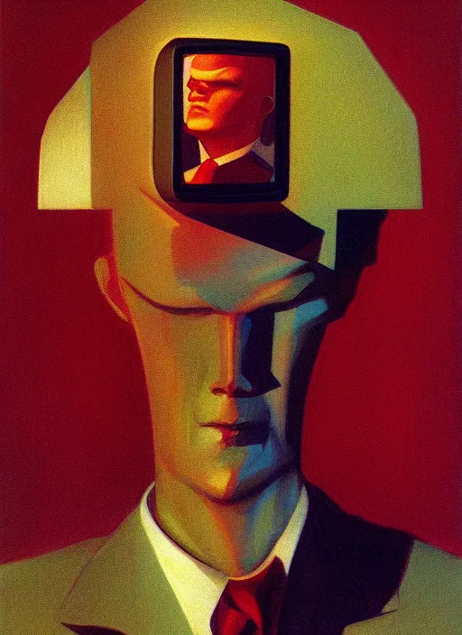 Prompt: tv head man portrait with a crt tv for head Edward Hopper and James Gilleard, Zdzislaw Beksinski, highly detailed