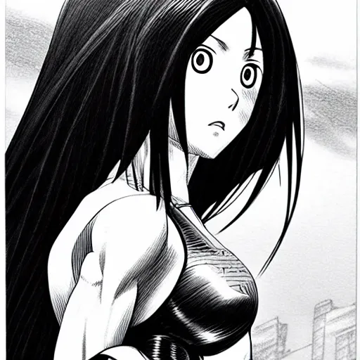 Image similar to alita by yukito kishiro. medium shot. black and white manga. pencil drawing.