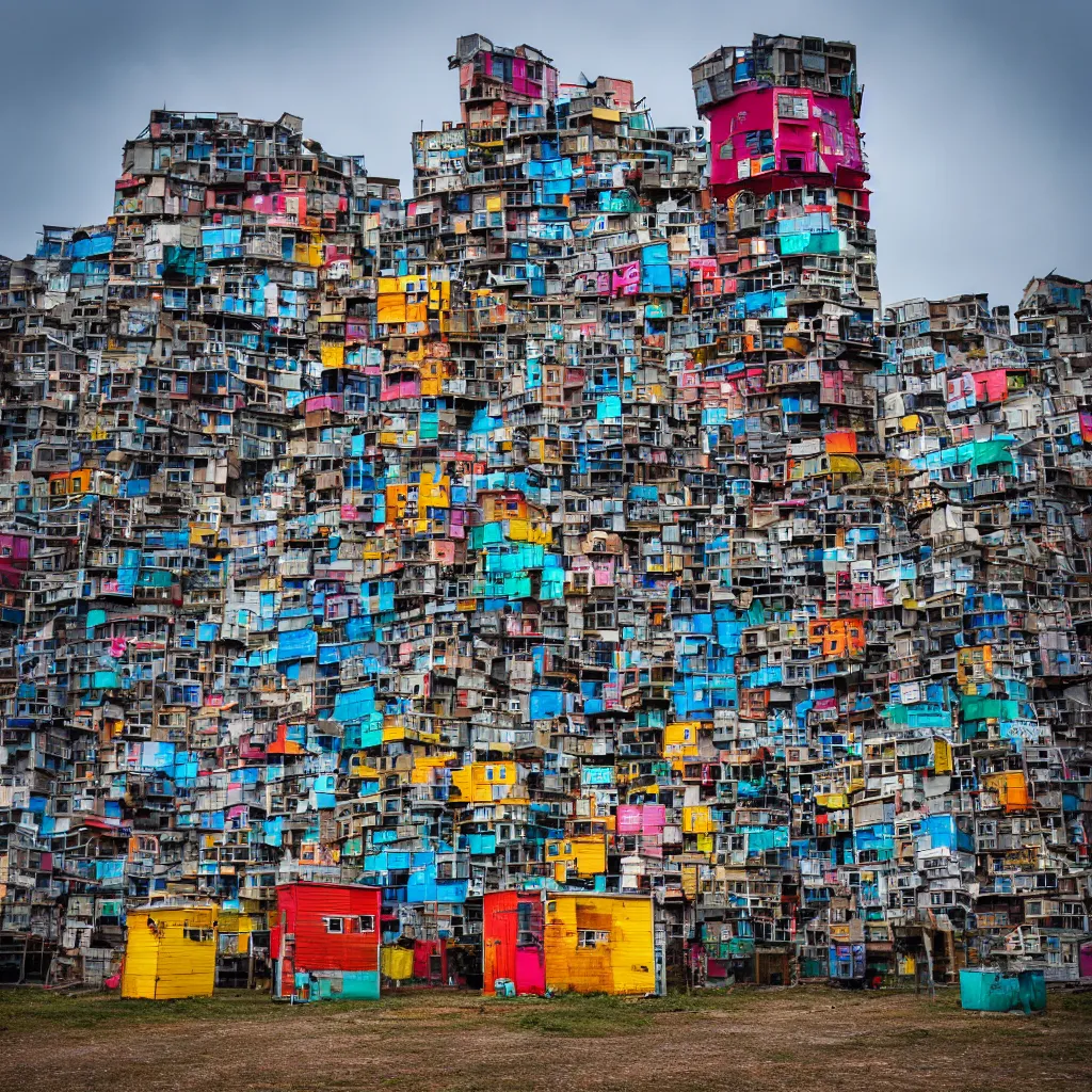 Prompt: a tower made up of colourful makeshift squatter shacks with blanks spaces, dystopia, sony a 7 r 3, f 1 1, fully frontal view, photographed by jeanette hagglund