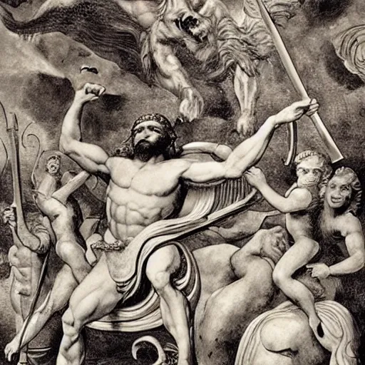 Image similar to The collage depicts the mythical hero Hercules in the moments after he has completed one of his twelve labors, the killing of the Hydra. Hercules is shown standing over the dead Hydra, his body covered in blood and his right hand still clutching the sword that slew the beast. His face is expressionless, betraying neither the exhaustion nor the triumph that must surely accompany such a feat. by Rob Gonsalves harrowing, harrowing