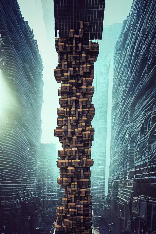 Image similar to A dystopian future in a city made of life-size Jenga blocks, evil, demonic, angelic, environment concept, Rendered in Octane, trending on artstation, cgsociety, moody lighting rendered by octane engine, environment 8K artstation, cinematic lighting, intricate details, 4k detail post processing, hyperealistic, octane render, photo realism